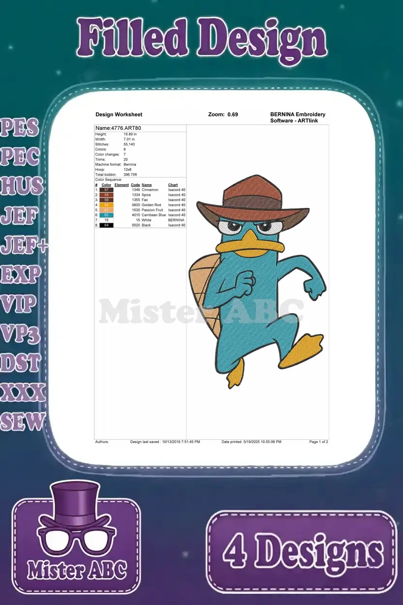 Detailed design worksheet for the second Perry the Platypus embroidery, showing stitch count, color sequence, and dimensions.