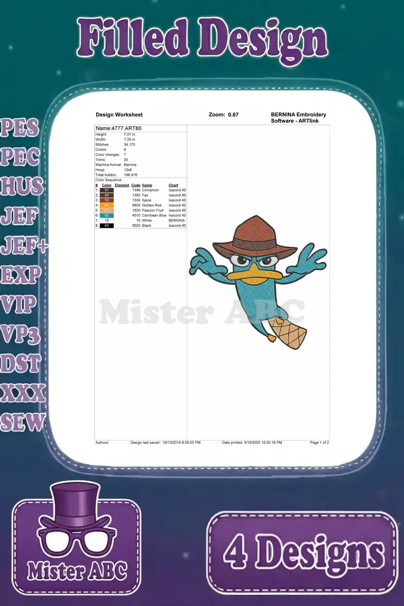 Detailed design worksheet for the third Perry the Platypus embroidery, showing stitch count, color sequence, and dimensions.
