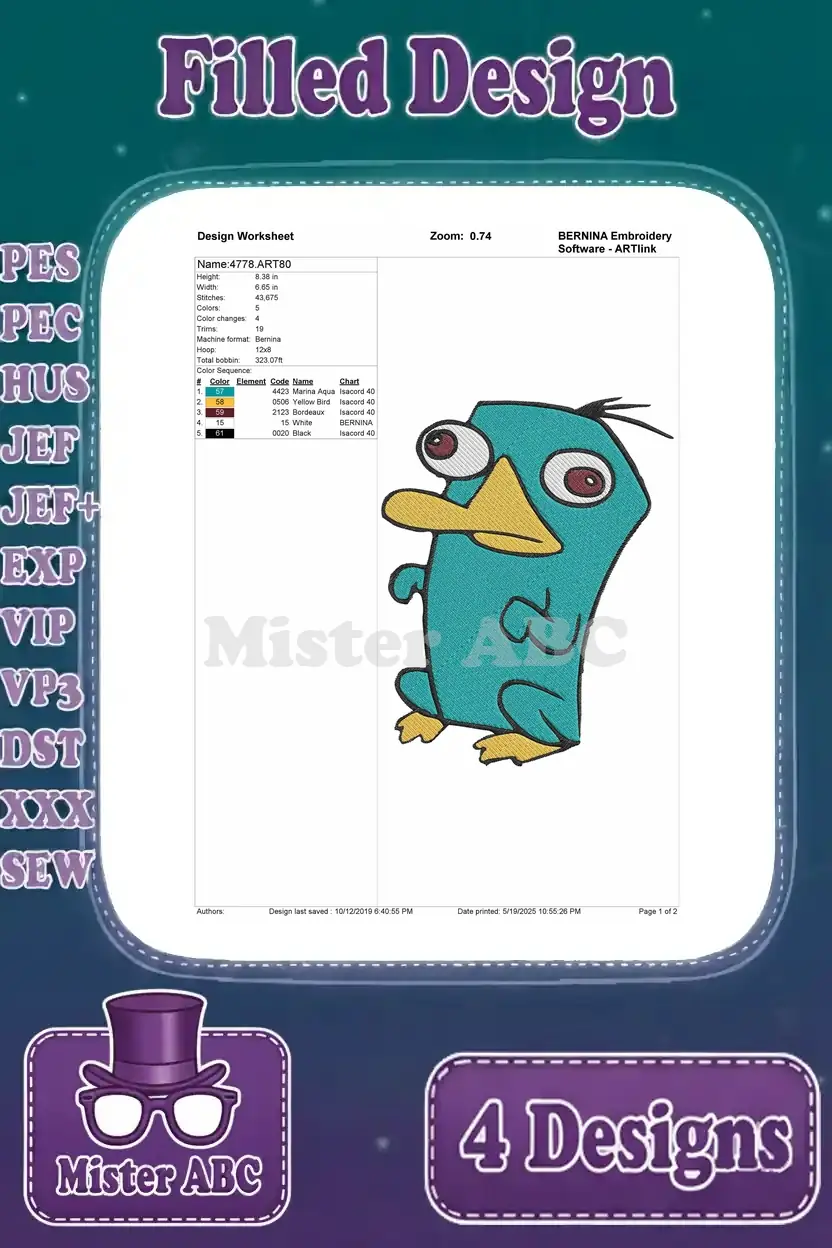 Detailed design worksheet for the fourth Perry the Platypus embroidery, showing stitch count, color sequence, and dimensions.