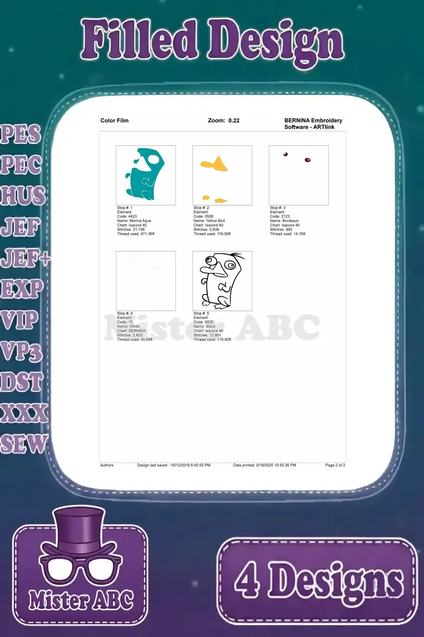Color film breakdown for the fourth Perry the Platypus design, illustrating each color stop and its corresponding stitch area.