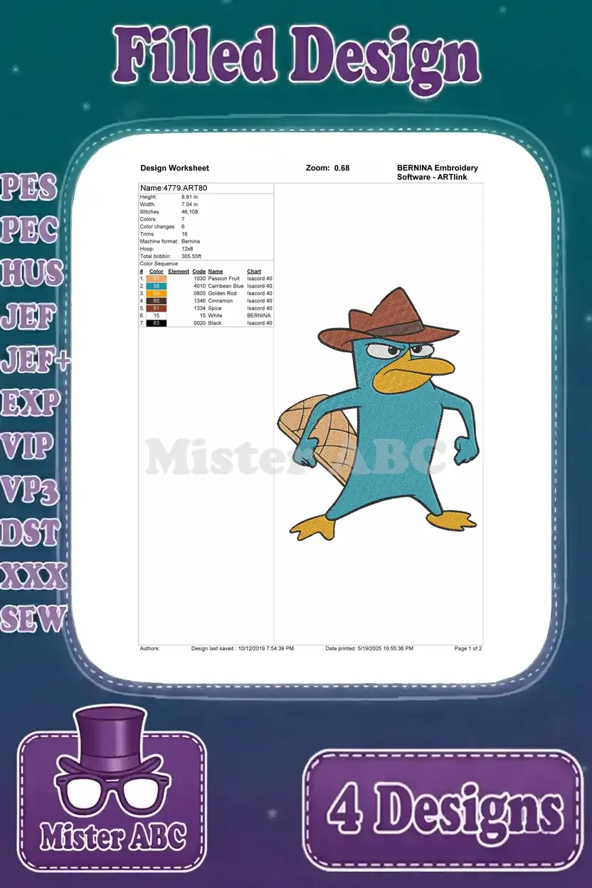 Embroidery design worksheet for Perry the Platypus in a determined pose, showing stitch count, colors, and hoop size.