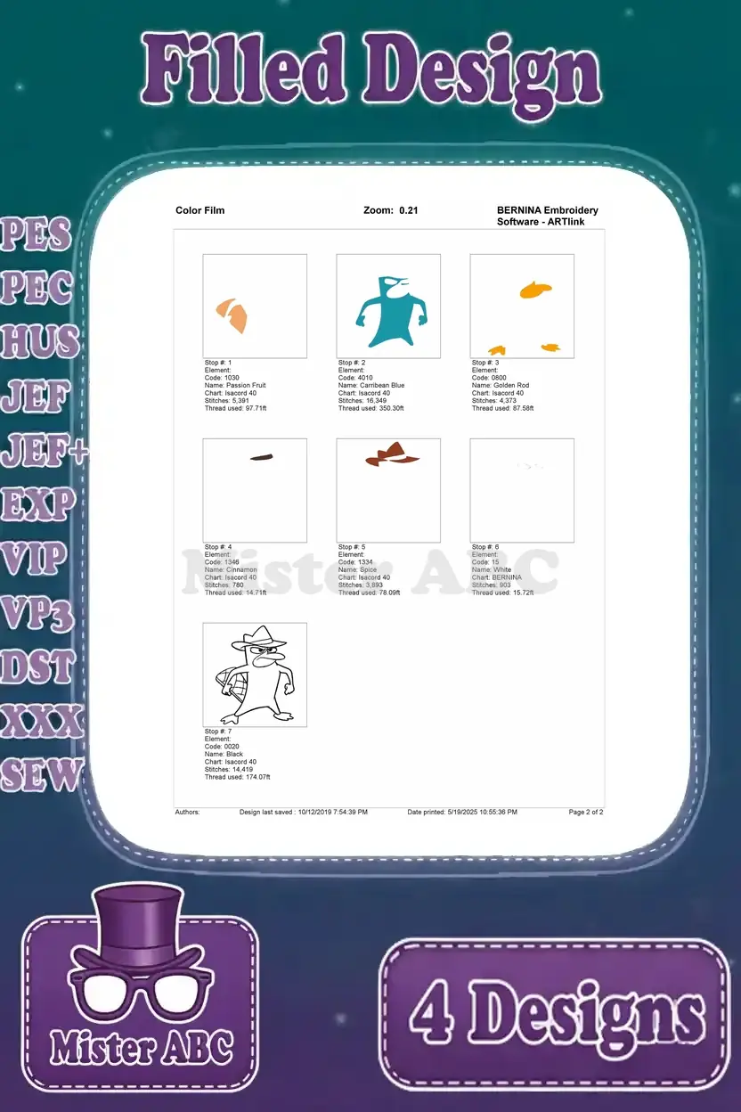 Color film sequence for the determined Perry the Platypus filled embroidery design, showing stitch order by color.