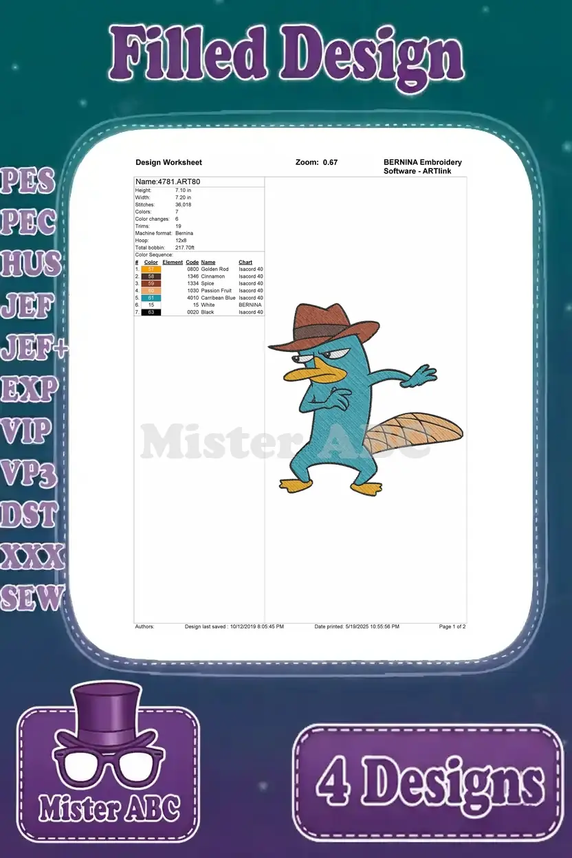 Embroidery design worksheet for Perry the Platypus in a dynamic action pose, detailing stitch count, colors, and hoop size.