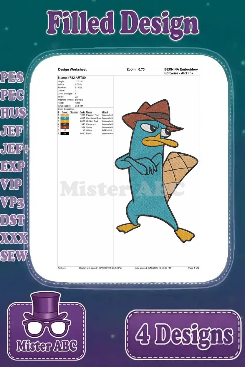 Embroidery design worksheet for Perry the Platypus with a stern look, detailing stitch count, colors, and hoop size.