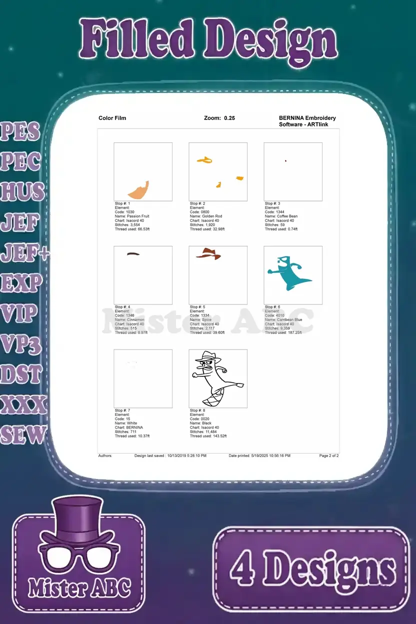 Color film breakdown for Perry the Platypus's running embroidery design, illustrating each stitch layer.