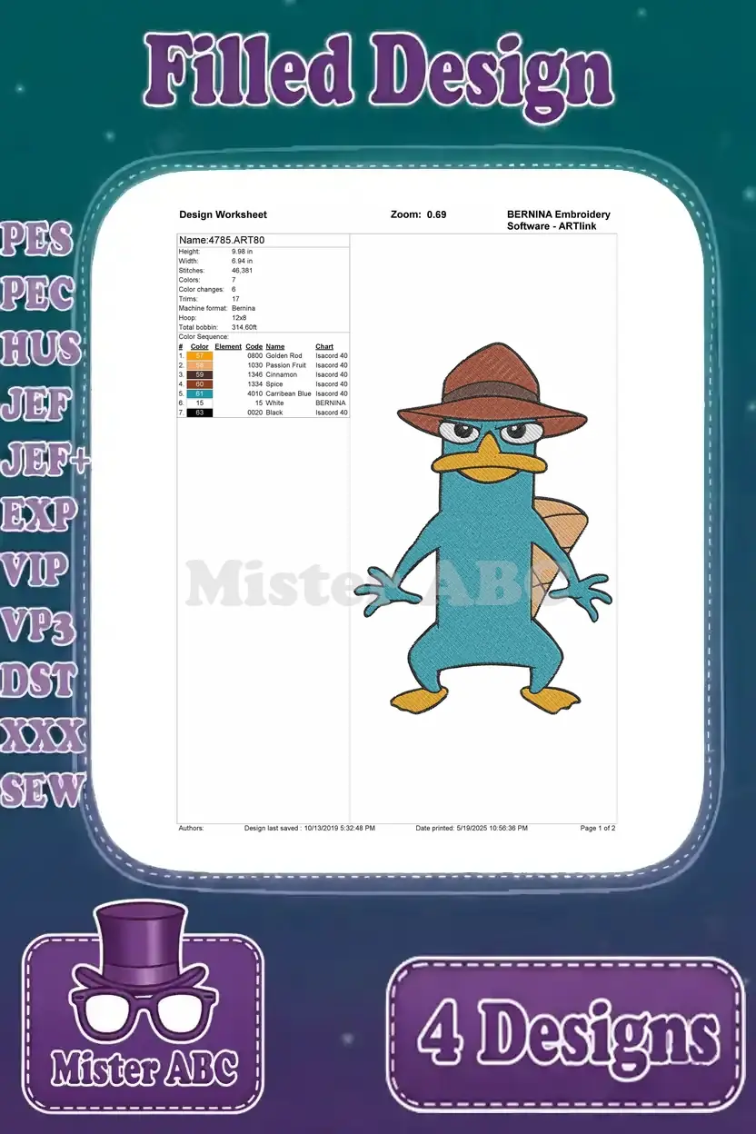 Embroidery worksheet for Perry the Platypus standing with fedora, detailing thread colors, stitches, and dimensions.