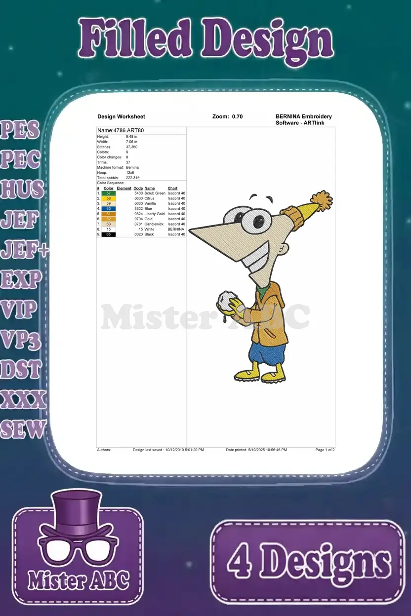 Detailed embroidery worksheet for Dr. Doofenshmirtz, showing stitch count, color sequence, and design info.