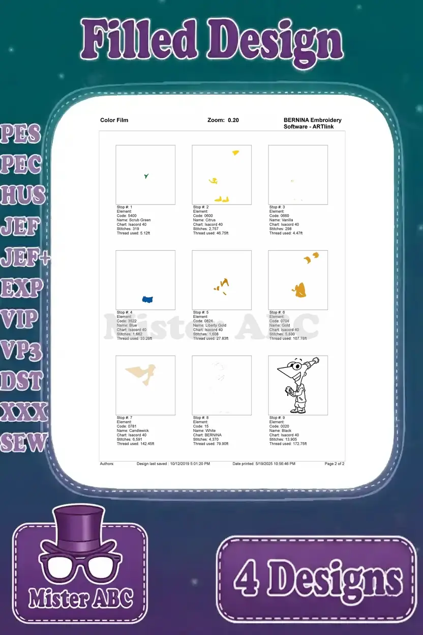 Color film sequence for Dr. Doofenshmirtz embroidery design, illustrating the step-by-step color application.