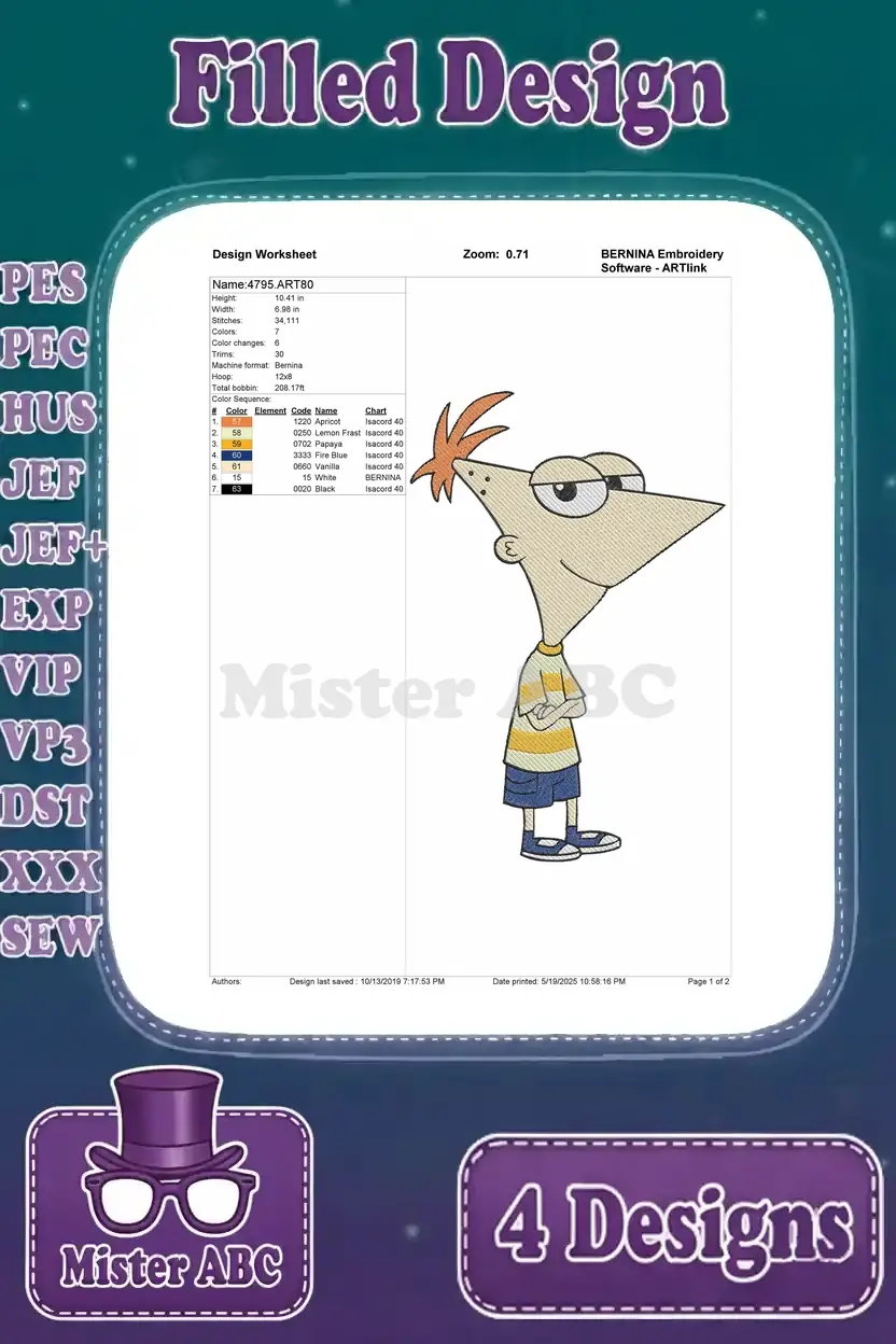 Design worksheet for the standing Phineas embroidery, detailing stitch count, color changes, and thread sequence.