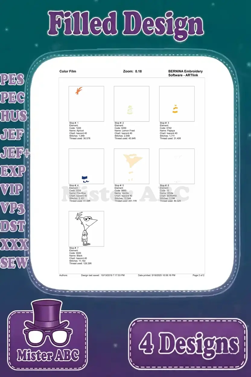 Color film breakdown for the standing Phineas embroidery design, showing individual color stops and thread usage.