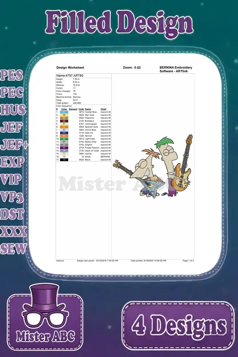 Design worksheet for Phineas and Ferb playing guitars, showing extensive color details and stitch complexity.