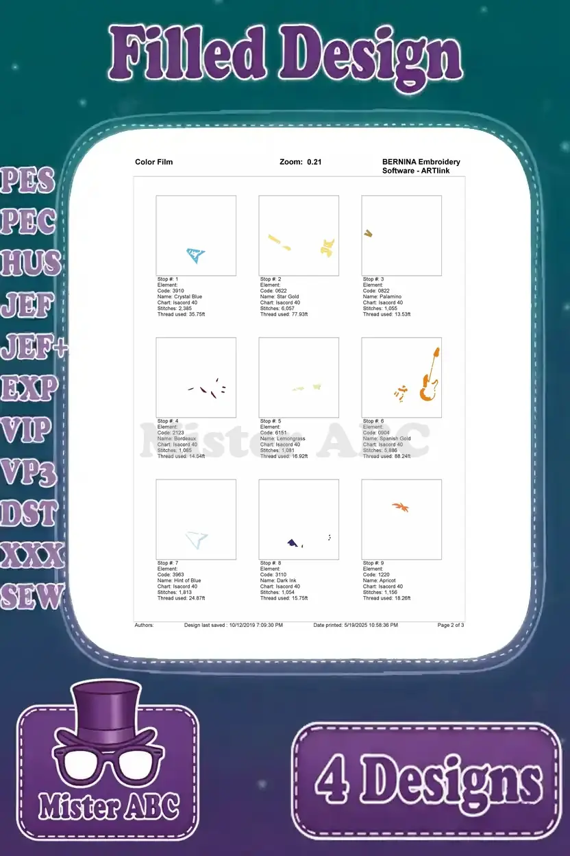 First page of the color film for Phineas and Ferb playing guitars, detailing initial color stops.