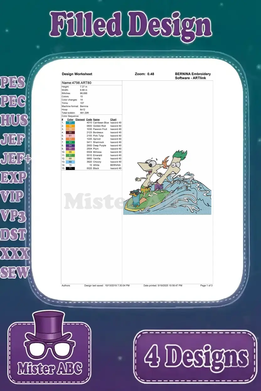 Design worksheet for Phineas and Ferb surfing, highlighting numerous colors and high stitch count.