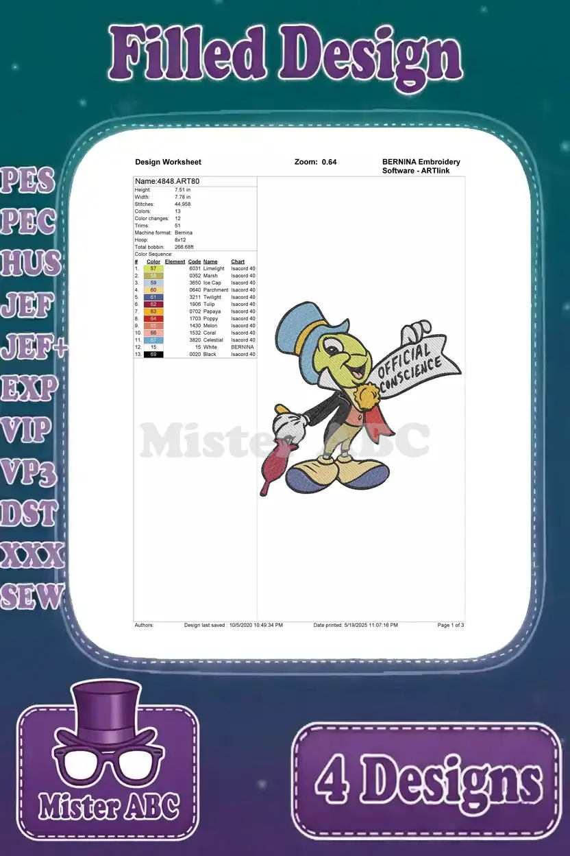 A detailed design worksheet for the 'Official Conscience' Jiminy Cricket embroidery, showing stitch count and color sequence details for enthusiasts.