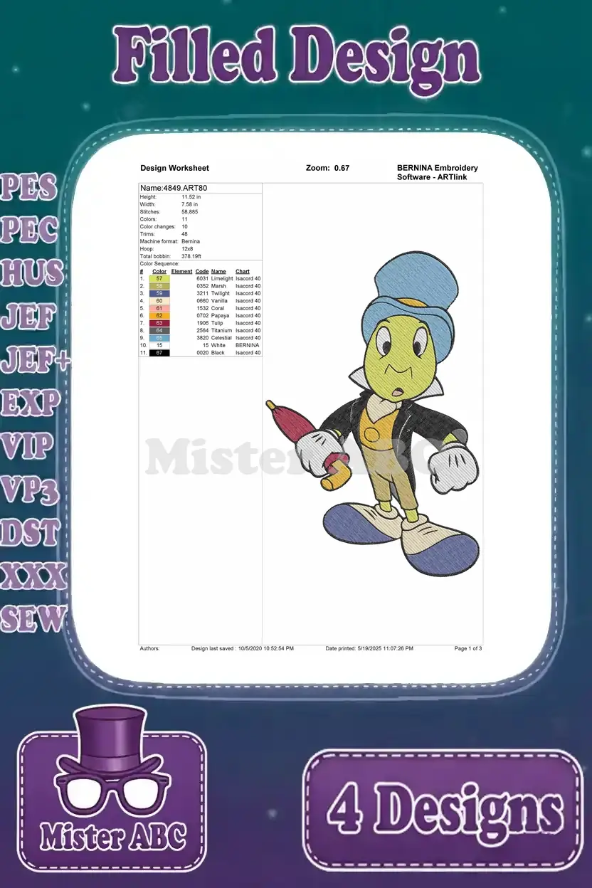 A detailed design worksheet for the standing Jiminy Cricket with umbrella embroidery, showing stitch count and color sequence.