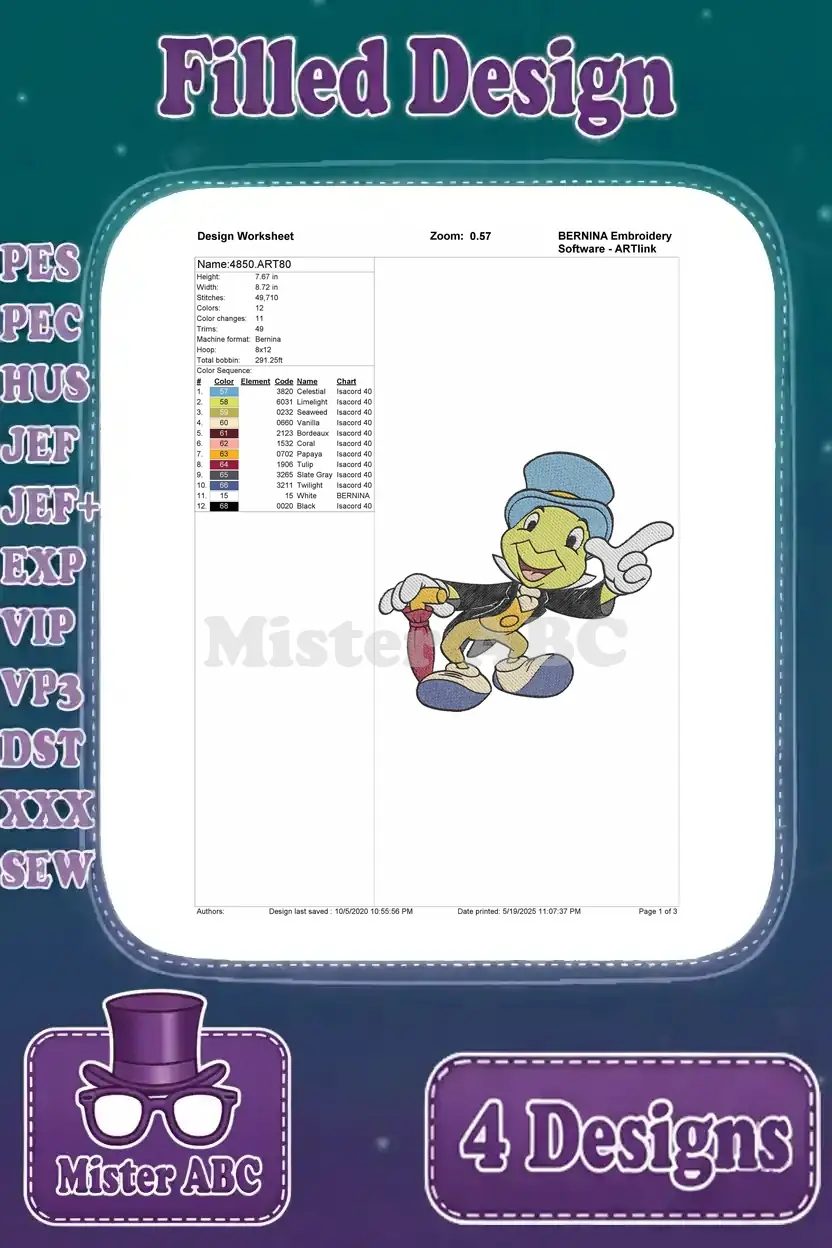 A detailed design worksheet for the pointing Jiminy Cricket (crouched) embroidery, showing stitch count and color sequence.