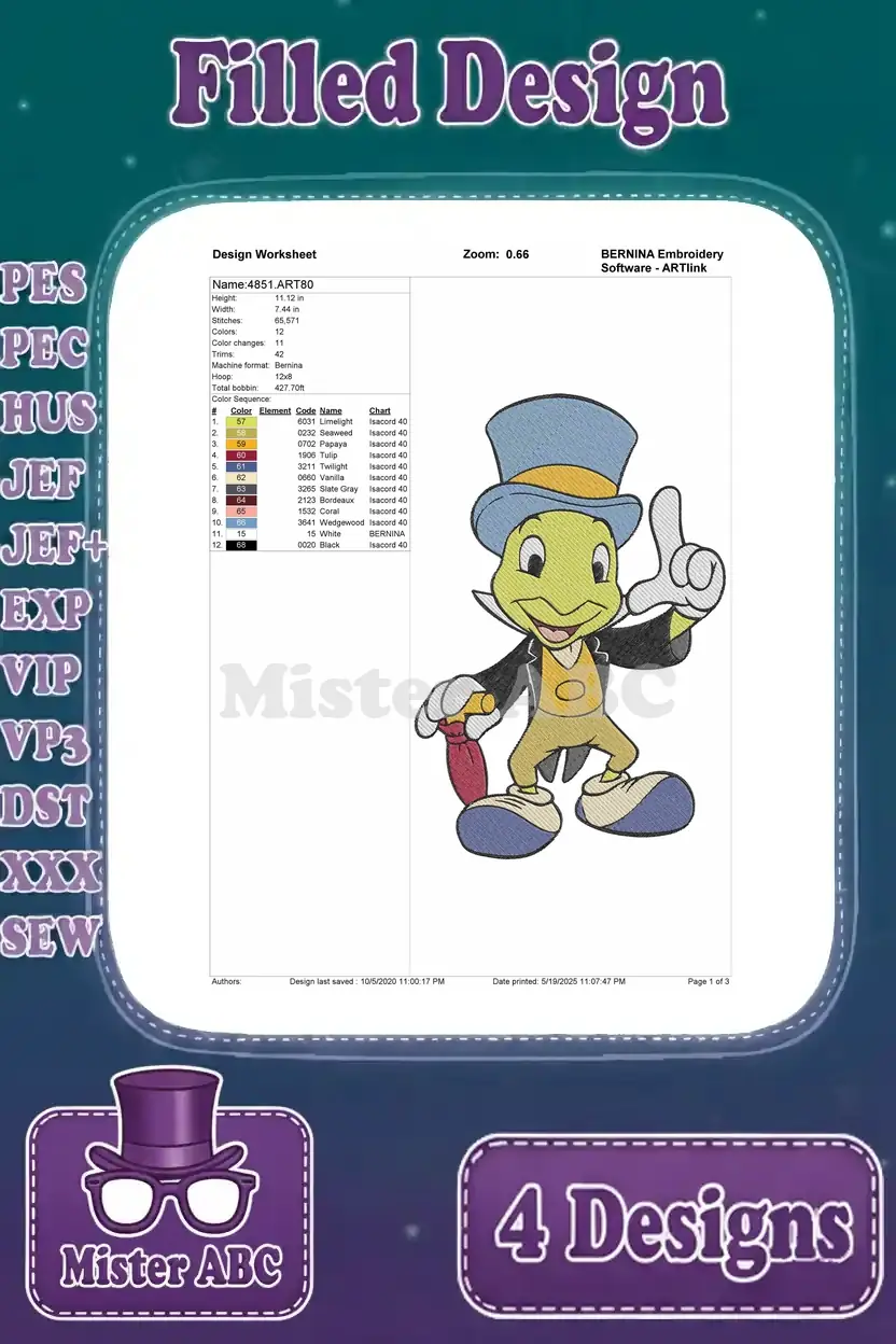 A detailed design worksheet for the pointing up Jiminy Cricket embroidery, showing stitch count and color sequence.