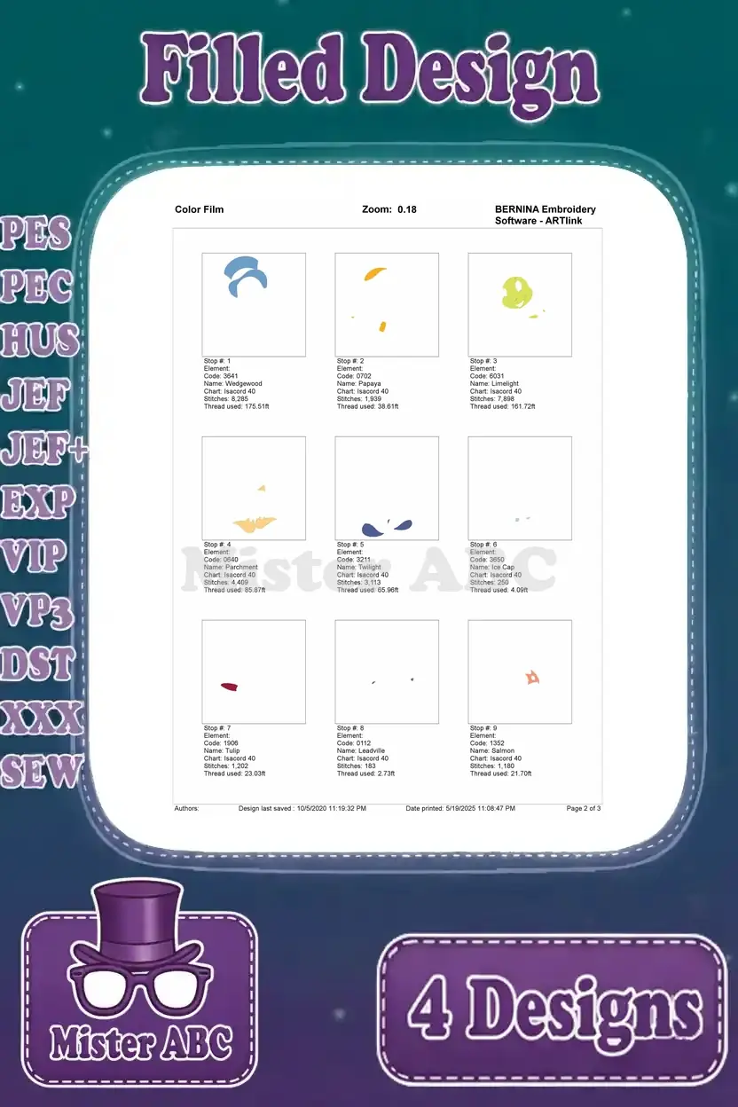 First page of the color film for Jimmy Cricket embroidery design 1, detailing initial stitch sequences and thread usage.
