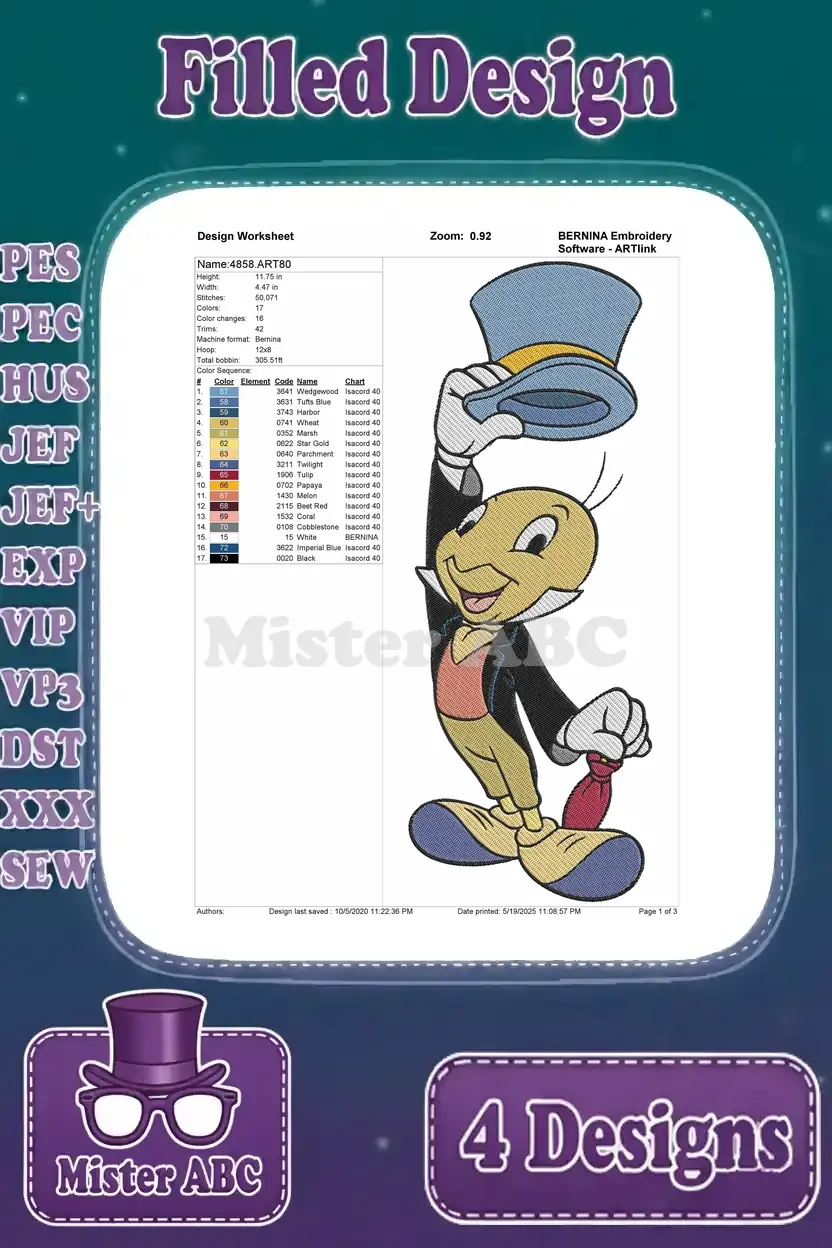 Detailed design worksheet for the second Jimmy Cricket filled embroidery, showing stitches, colors, and thread information.