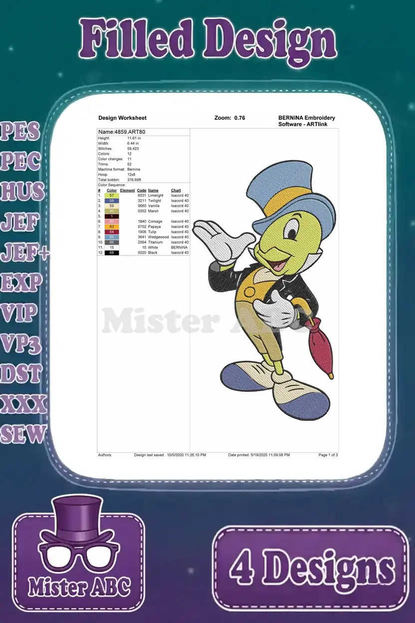 Detailed design worksheet for the third Jimmy Cricket filled embroidery, showing stitches, colors, and thread information.