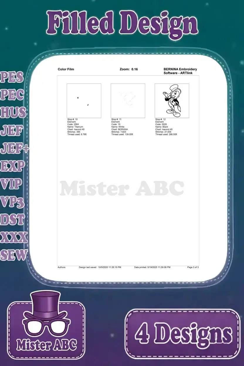 Second page of the color film for Jimmy Cricket embroidery design 3, completing the thread sequence for the design.