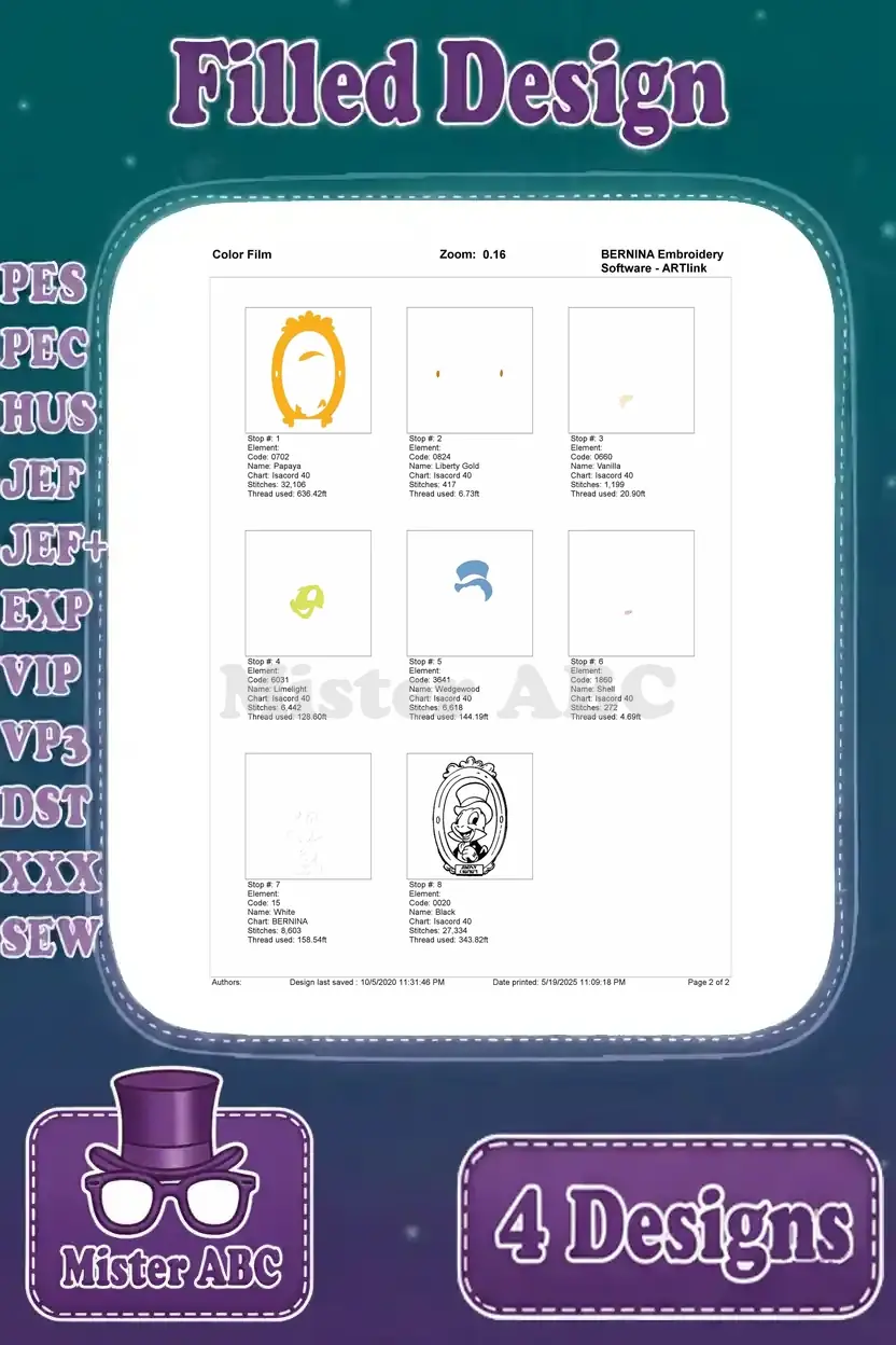 First page of the color film for Jimmy Cricket embroidery design 4, detailing initial stitch sequences and thread usage.