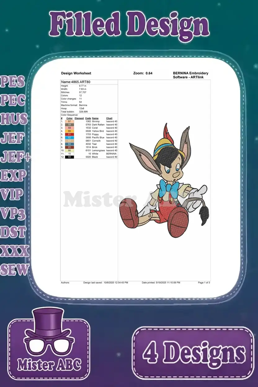 Detailed design worksheet for a Pinocchio embroidery design, showing thread colors, stitch count, and hoop size.