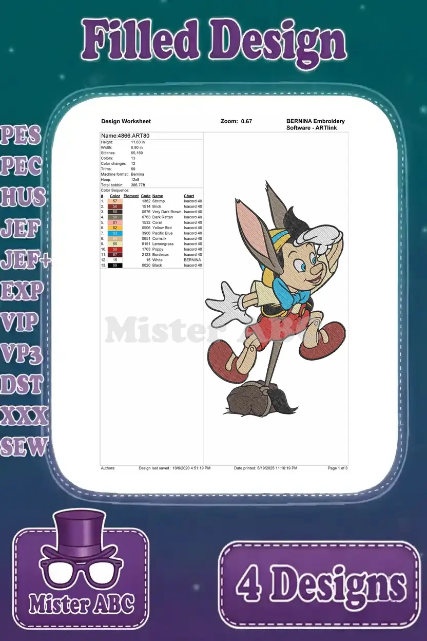 Design worksheet for the second Pinocchio embroidery design, showing him standing with donkey ears and details.