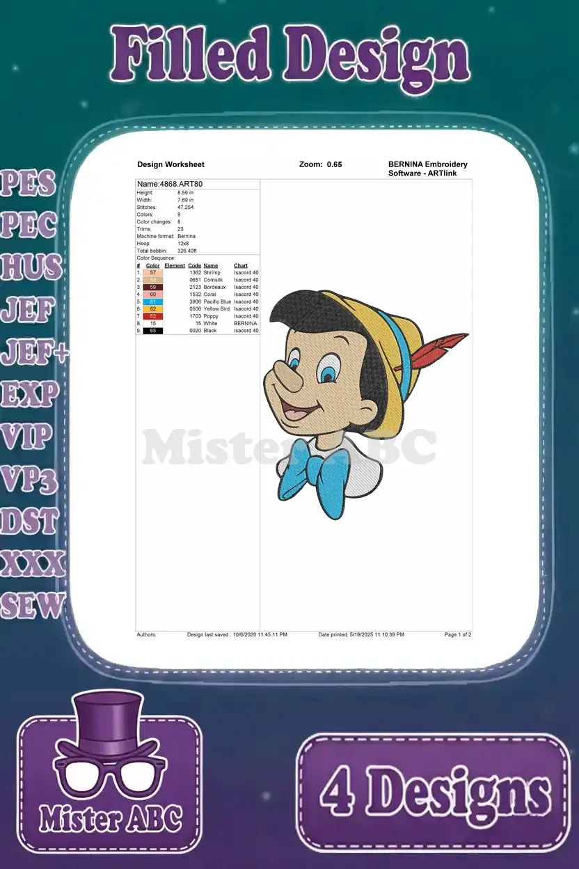 Design worksheet for the fourth Pinocchio embroidery design, a smiling headshot, with stitch and color details.