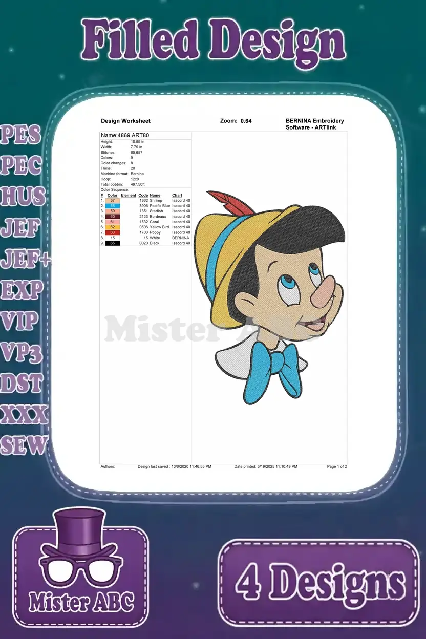 Design worksheet for the first Pinocchio head embroidery design, detailing stitch count, color changes, and thread chart for precise crafting.