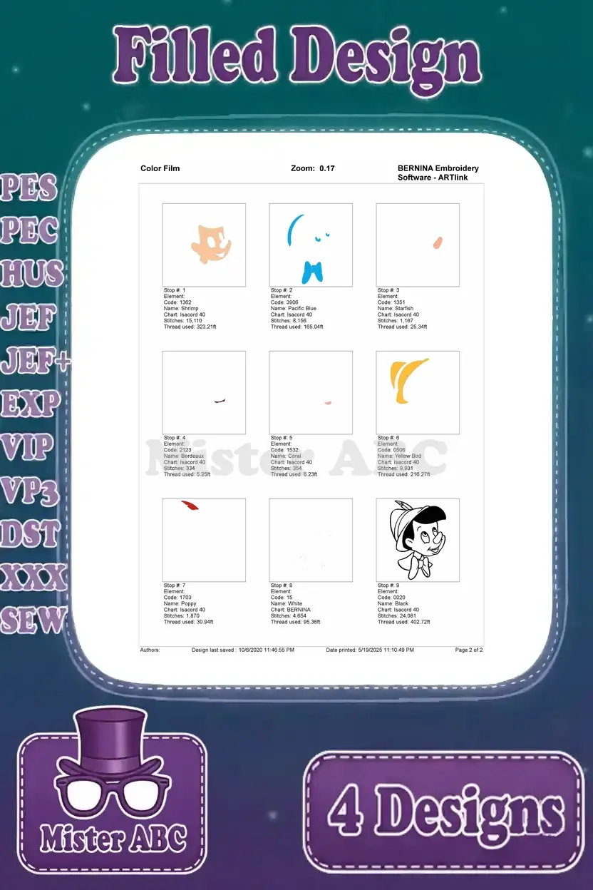 Color film breakdown for the first Pinocchio head embroidery design, showing individual color layers and stitch paths for detailed insight.