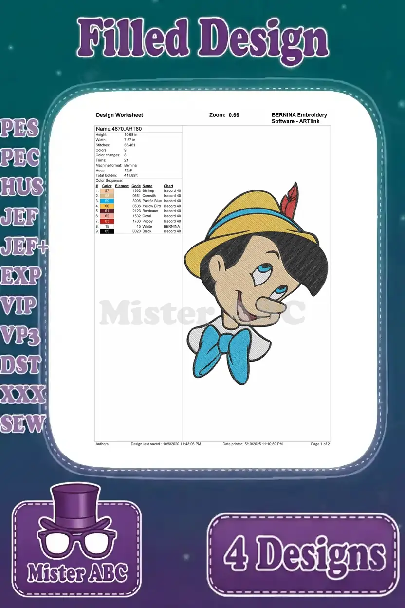 Design worksheet for the second Pinocchio head embroidery design, detailing stitch count, color changes, and thread chart for precise crafting.