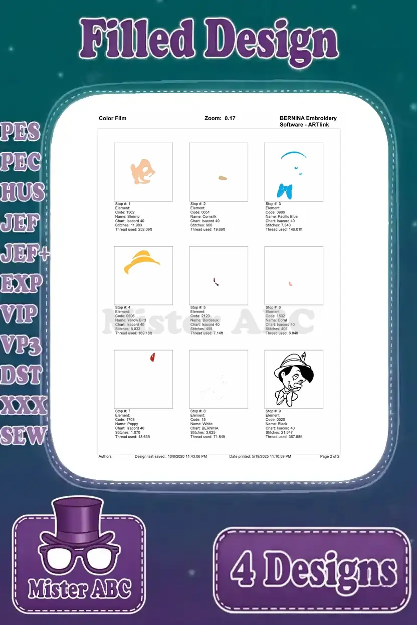 Color film breakdown for the second Pinocchio head embroidery design, showing individual color layers and stitch paths for detailed insight.