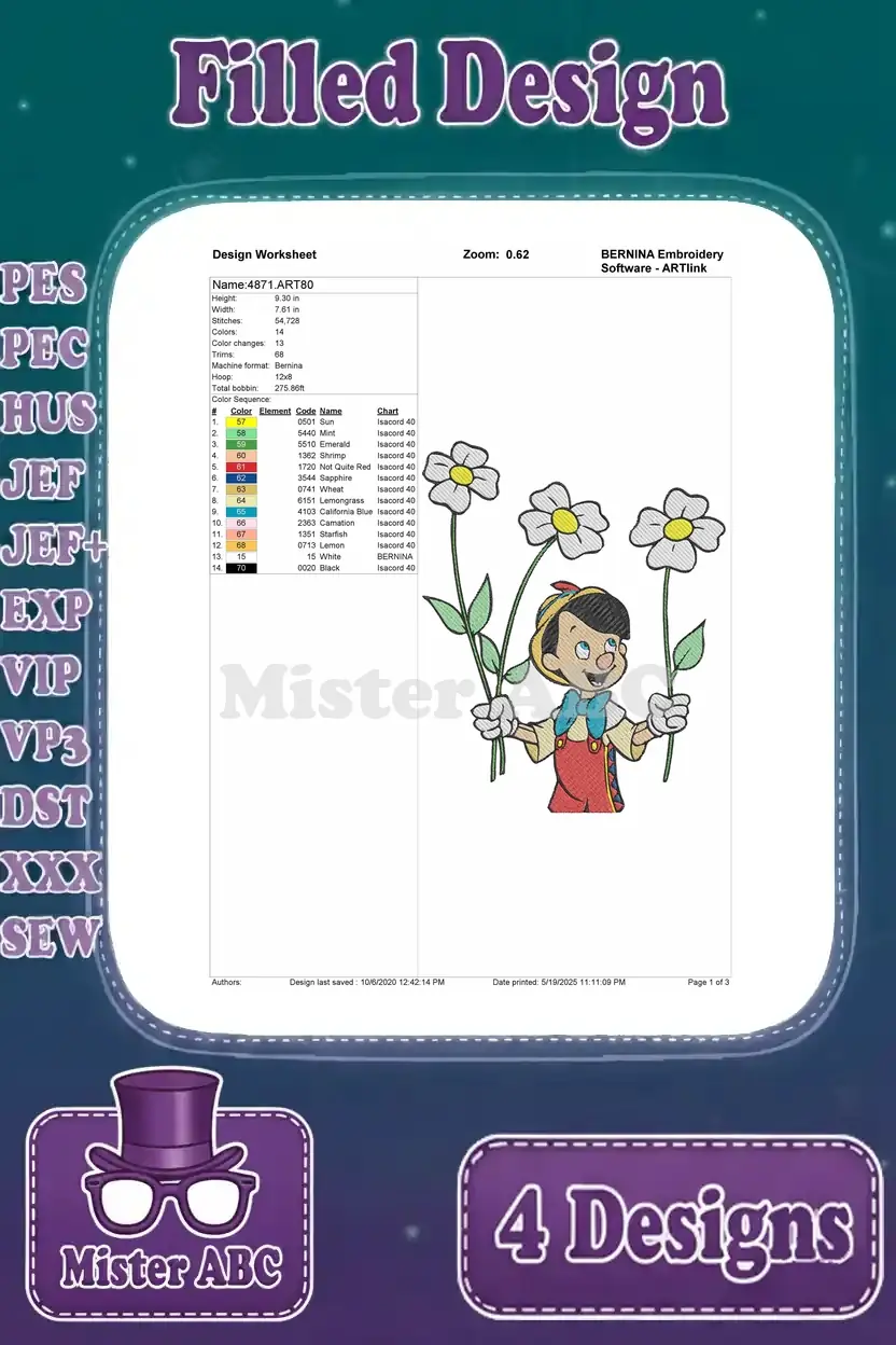 Design worksheet for the Pinocchio with flowers embroidery design, detailing stitch count, color changes, and thread chart for precise crafting.