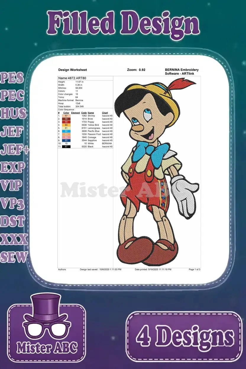 Design worksheet for the full-body Pinocchio standing embroidery design, detailing stitch count, color changes, and thread chart for precise crafting.