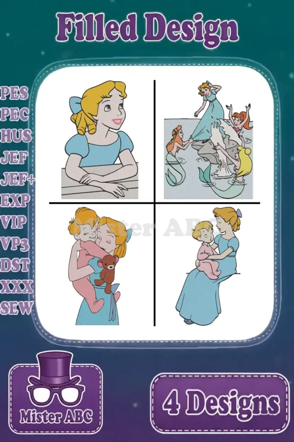 A captivating collage of four Wendy Darling themed embroidery designs, showcasing her adventures and tender moments.