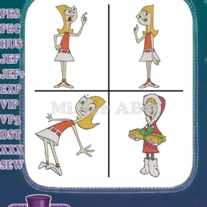 A vibrant quad display of Candace Flynn from Phineas and Ferb in four distinct, expressive filled embroidery designs.