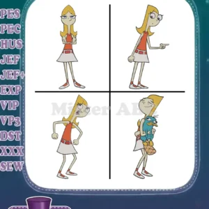 Four Candace Flynn filled embroidery designs, showing various poses, including one with Perry the Platypus.