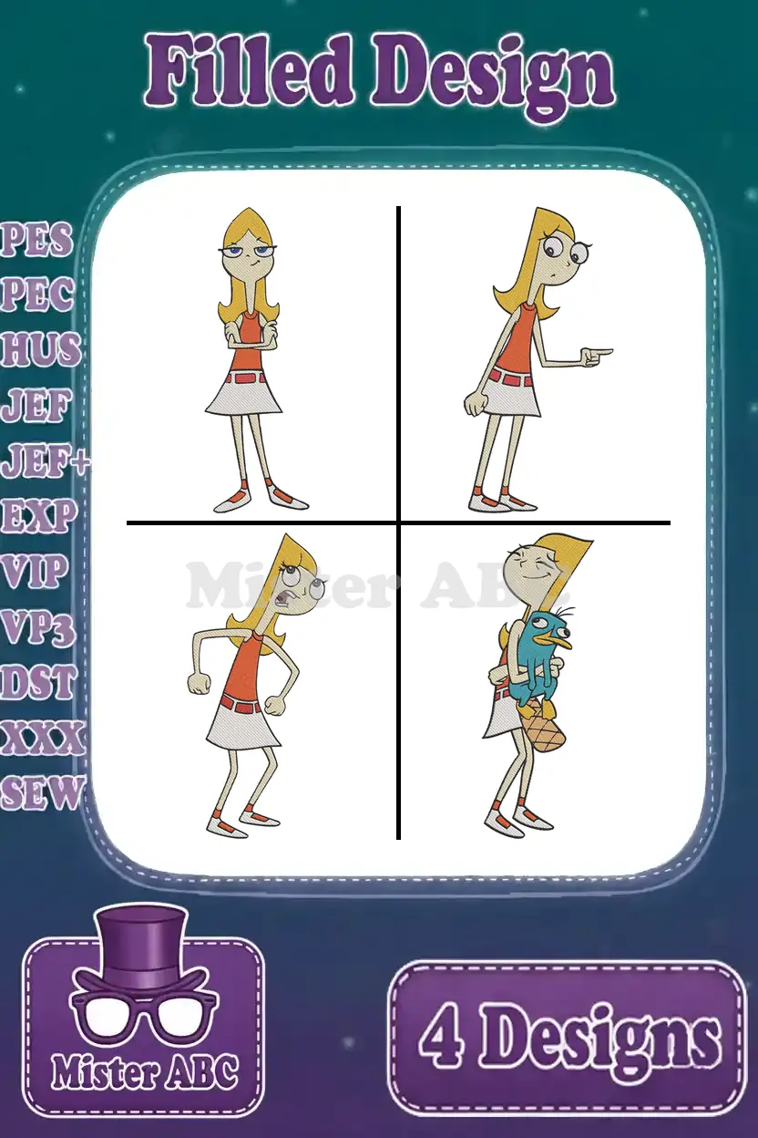 Four Candace Flynn filled embroidery designs, showing various poses, including one with Perry the Platypus.
