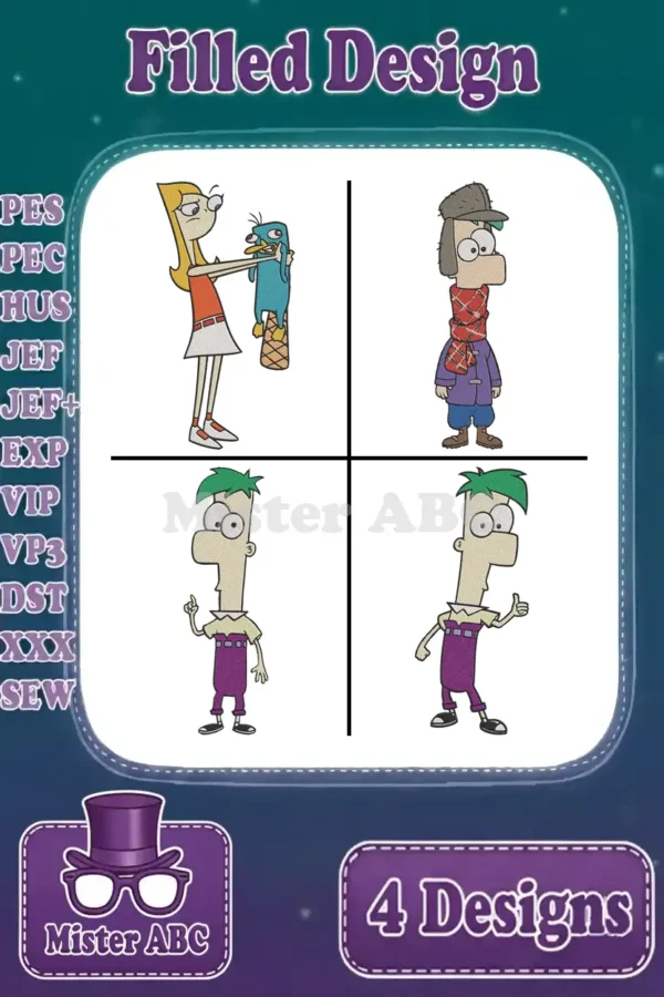 Four vibrant filled embroidery designs featuring Candace holding Agent P, Ferb as a detective, and Ferb in two distinct poses.