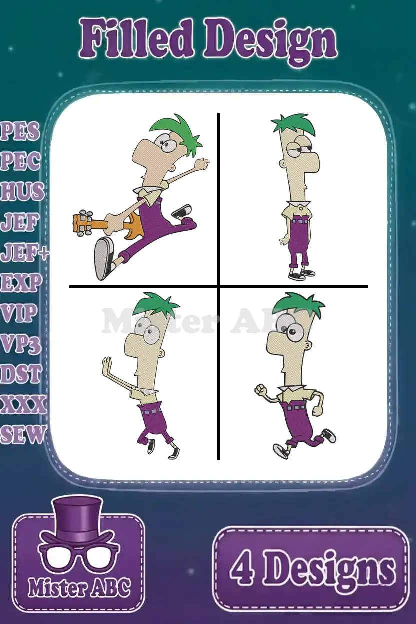 Four vibrant filled embroidery designs of Ferb Fletcher from Phineas and Ferb in dynamic poses, ready for crafting.