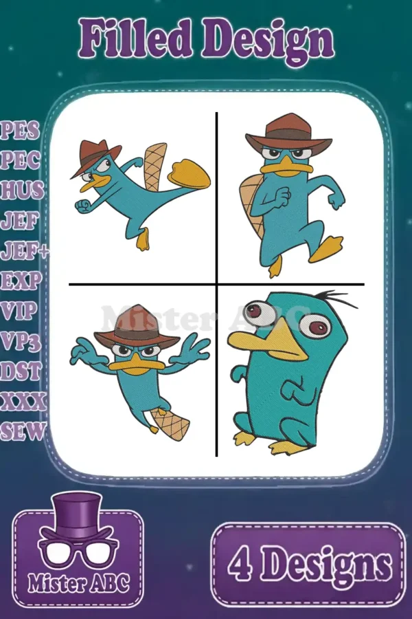 A collection of four dynamic Perry the Platypus filled embroidery designs, showcasing various action poses and available formats.