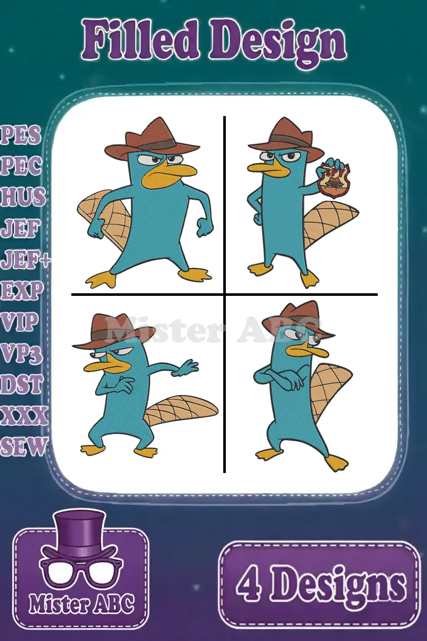 Four dynamic filled embroidery designs of Perry the Platypus from Phineas and Ferb, ready for action in various poses.