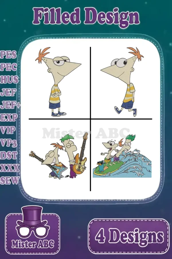 Main image displaying four distinct 'Filled Design' embroidery patterns of Phineas and Ferb, ready for stitching.
