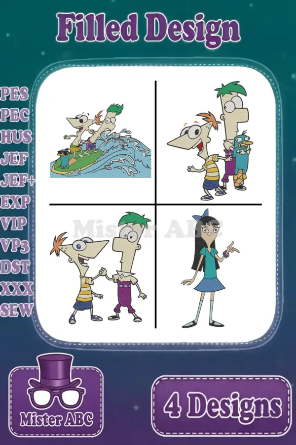 A vibrant embroidery bundle featuring four filled designs of Phineas, Ferb, Perry the Platypus, and Isabella from Disney's Phineas and Ferb, showcasing various machine embroidery formats.