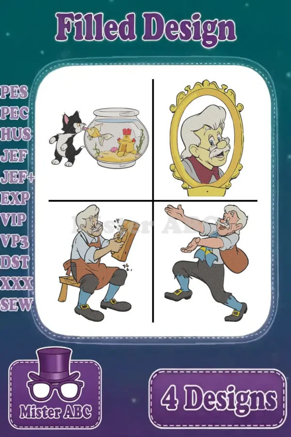 A vibrant embroidery bundle displaying four classic Pinocchio-themed designs: Gepetto, Figaro, and Cleo, perfect for crafting projects.