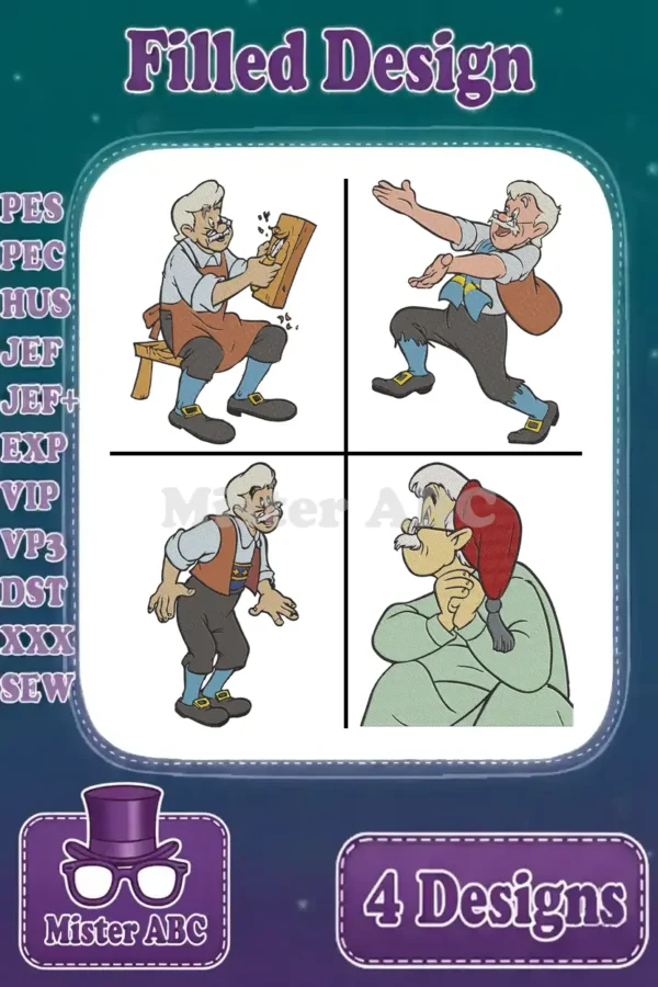 A vibrant display of four filled embroidery designs featuring Geppetto in various poses, ready for digital download.