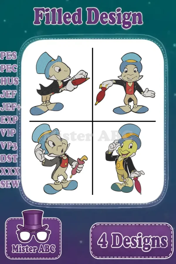 Four vibrant filled embroidery designs of Jiminy Cricket in various poses, showcasing included file formats.