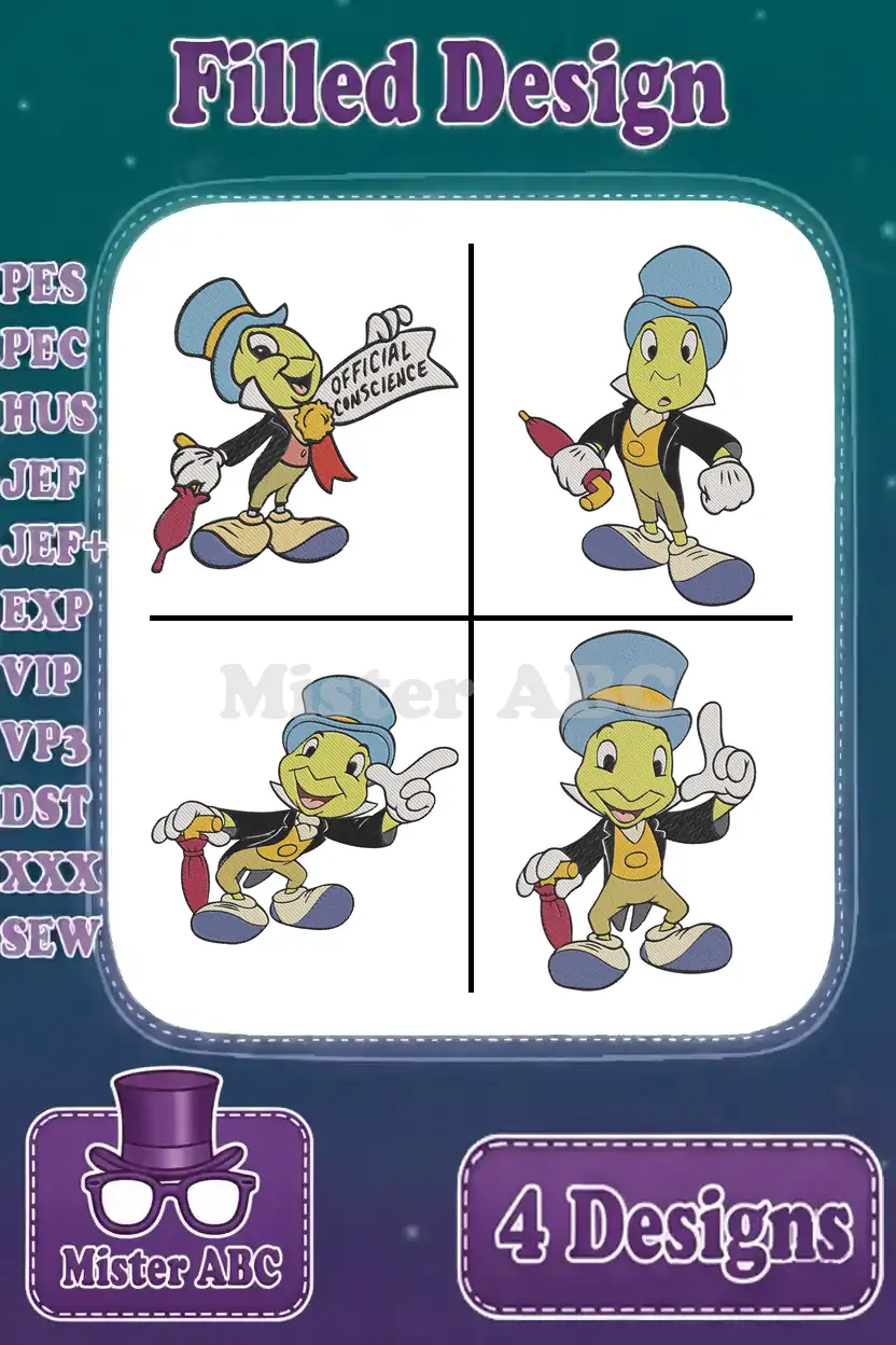 A collage featuring four distinct Jiminy Cricket filled embroidery designs, ready for various machine embroidery projects and apparel.