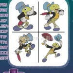 Disney Pinocchio Jiminy Cricket Floating With Umbrella Happy Thoughtful Poses - Filled Embroidery Design - Instant Download